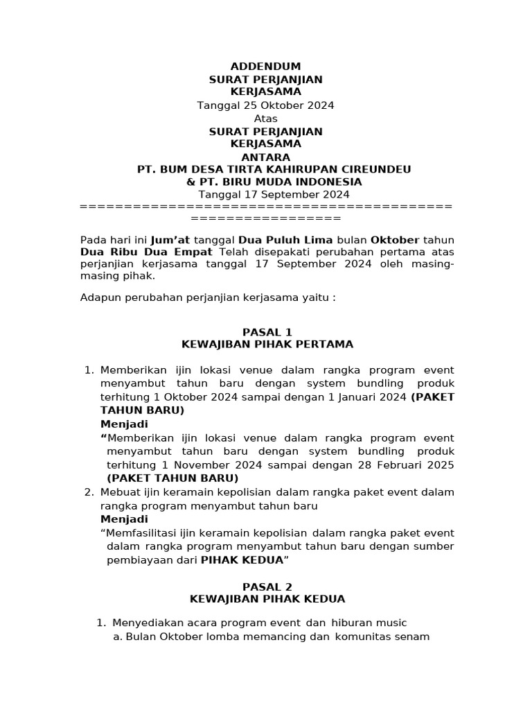 ADDENDUM PKS - Kerjasama Pantai Citarate Dan Bmi | PDF