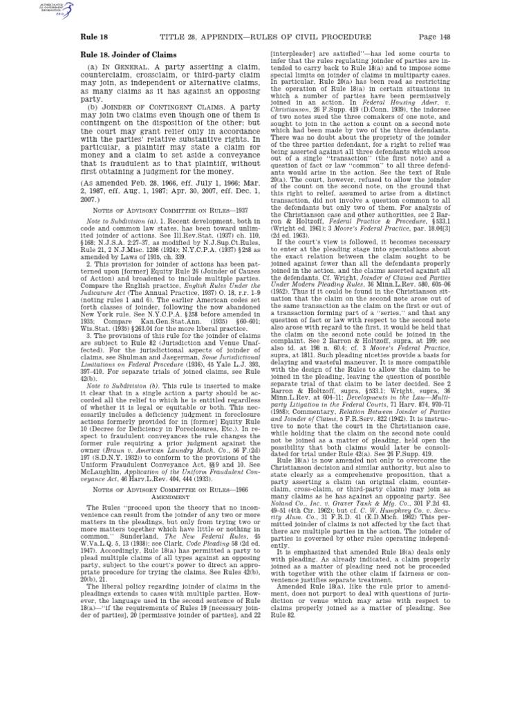 Rule 18: Joinder of Claims | PDF | Joinder | Pleading