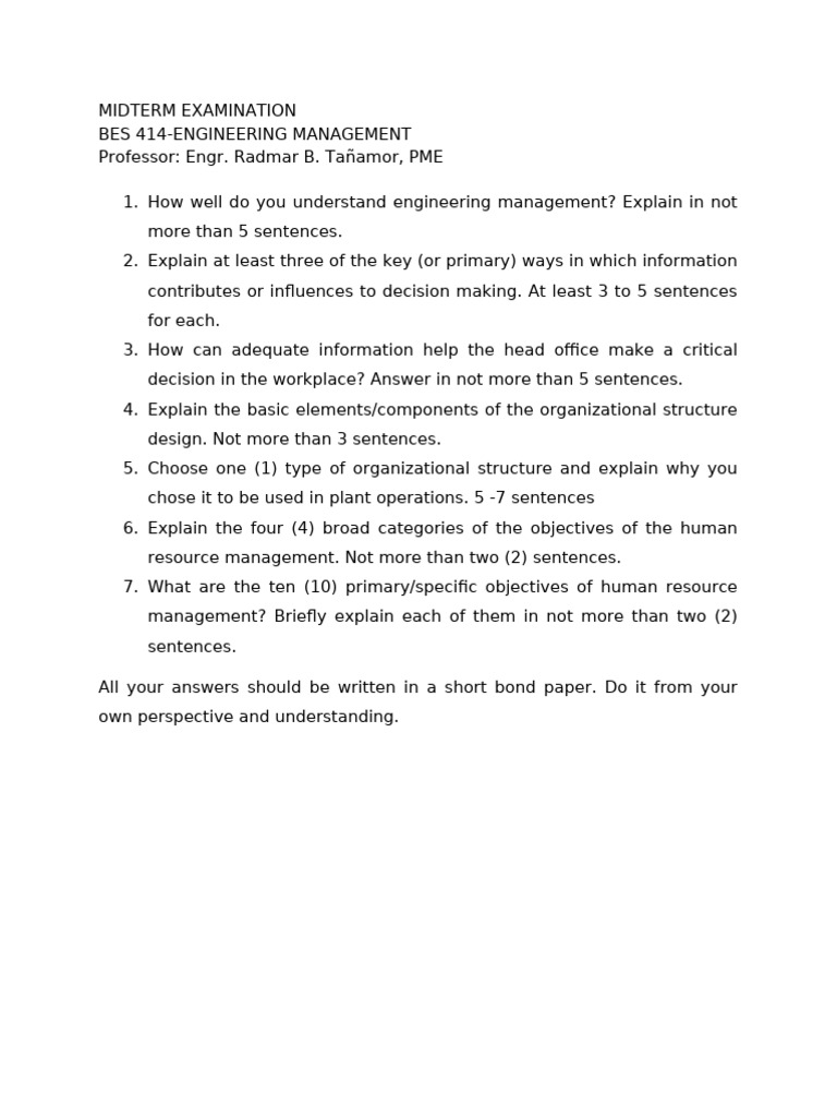 Engineering Management Exam Guide | PDF