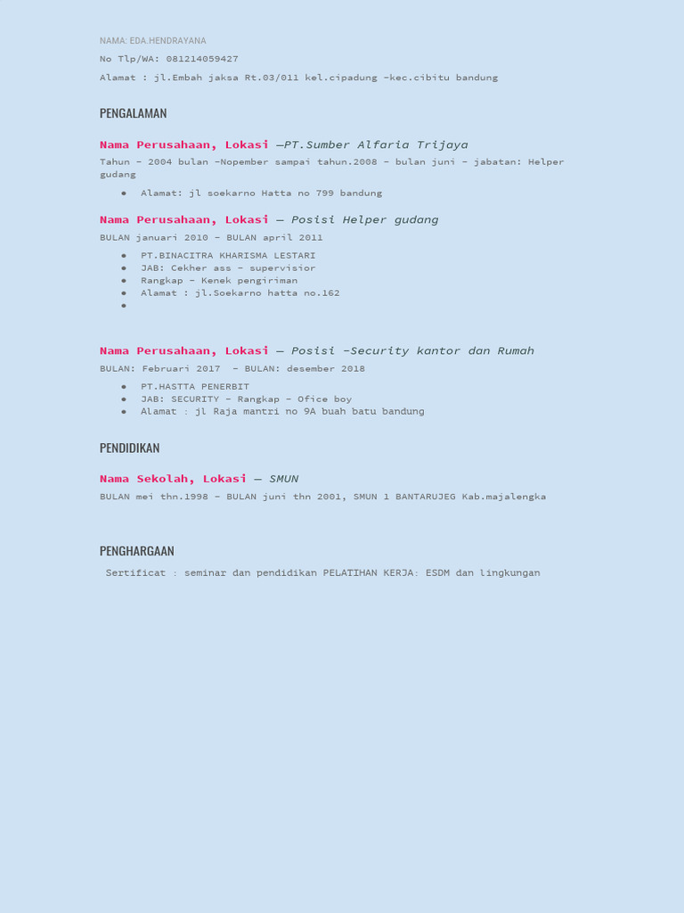 Resume Eda Hendrayana di PT Binacitra | PDF