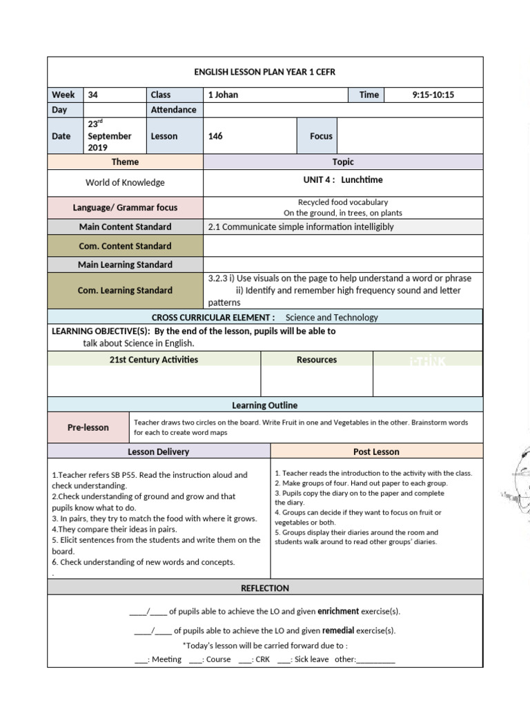 Year 1 CEFR English Lesson Plans | PDF | Lesson Plan | Learning