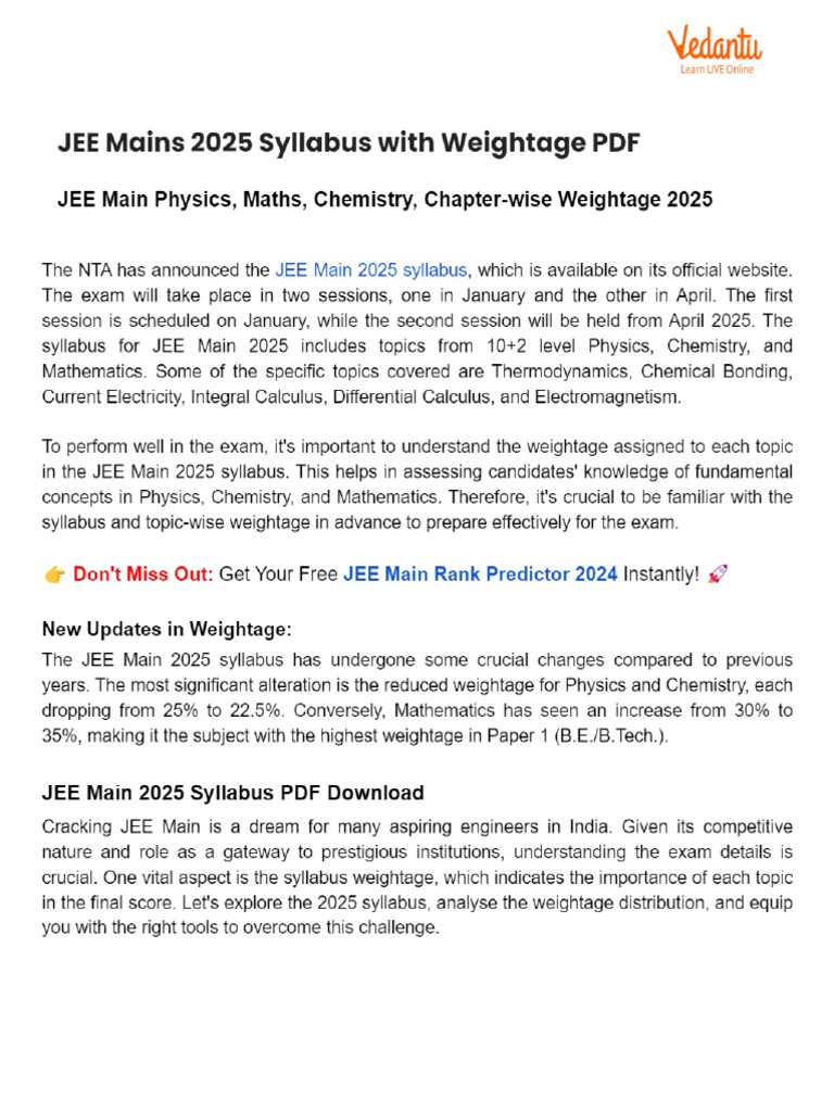 JEE Mains 2025 Syllabus With Weightage PDF | PDF