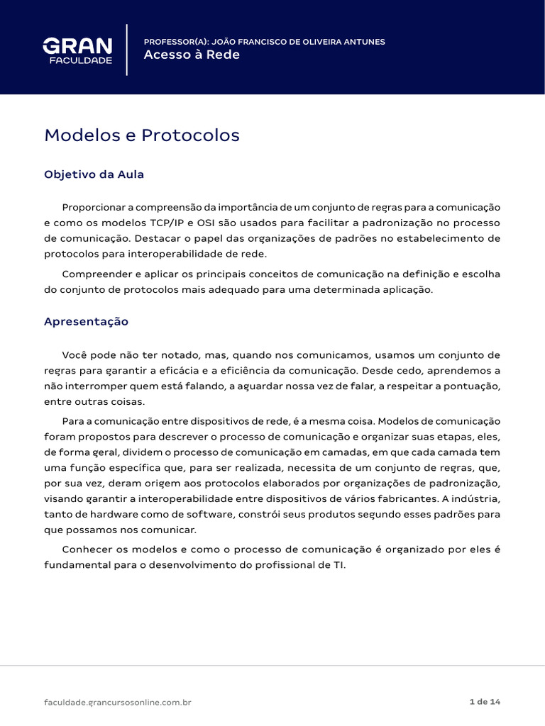 Modelos e Protocolos de Comunicação em Rede | PDF | Modelo OSI | Suíte ...
