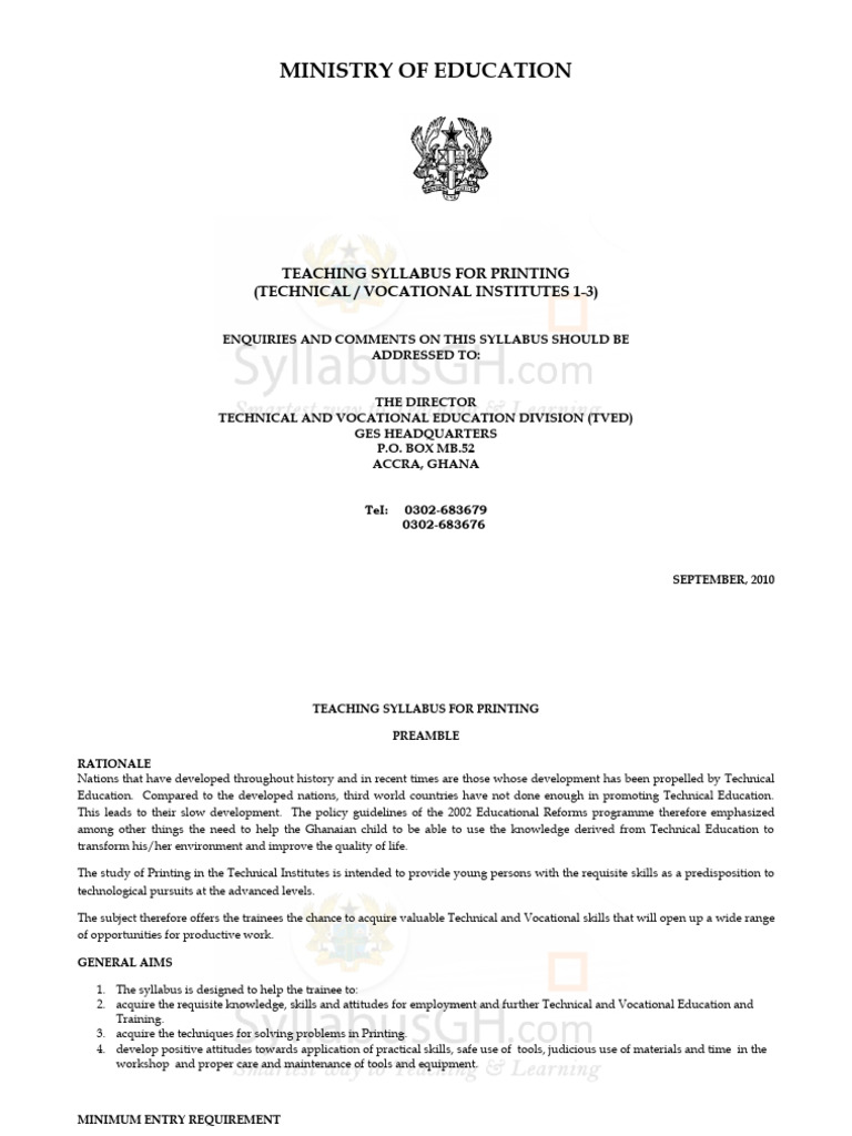 Printing Teaching Syllabus for TVET | PDF | Printing | Educational ...