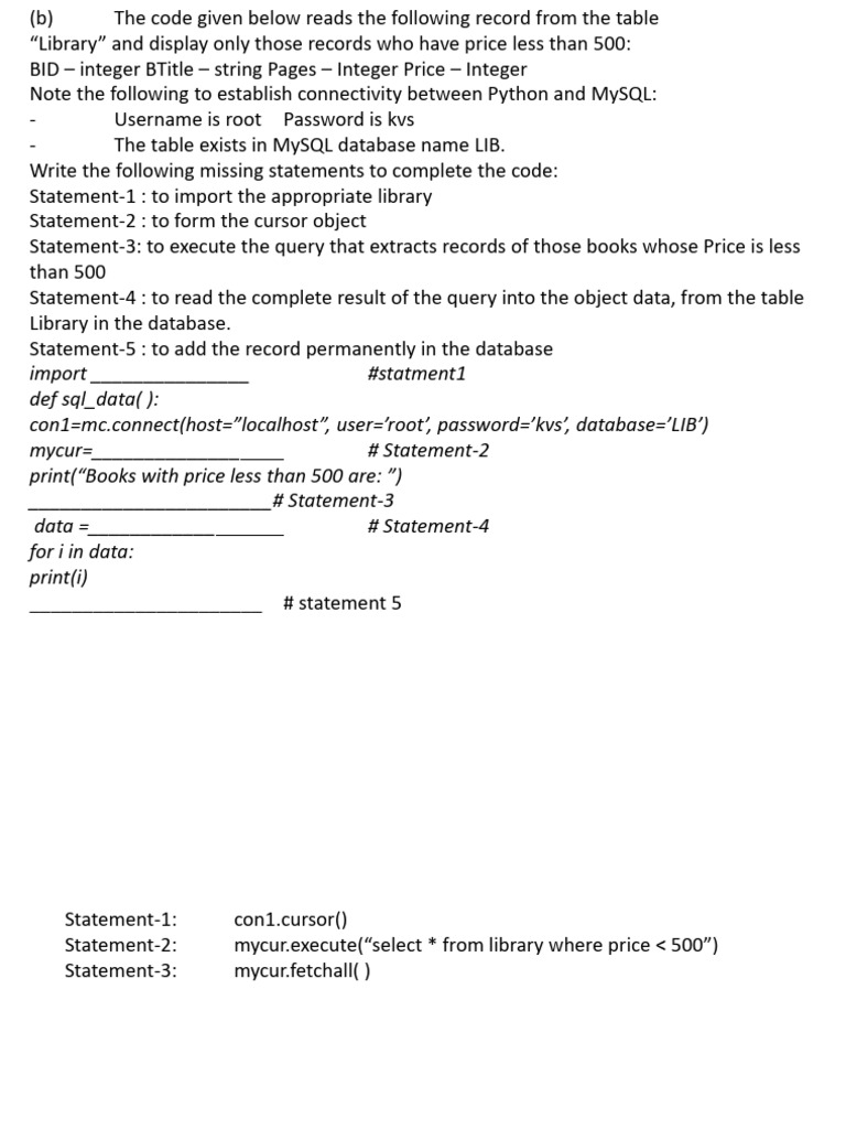12 (19-3-1) Ques Python SQL Interface | PDF | Databases | My Sql