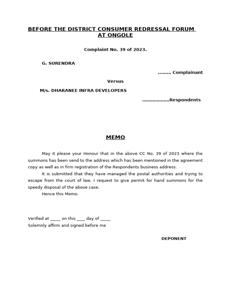 Memo for Hand Summons in Consumer Case | PDF