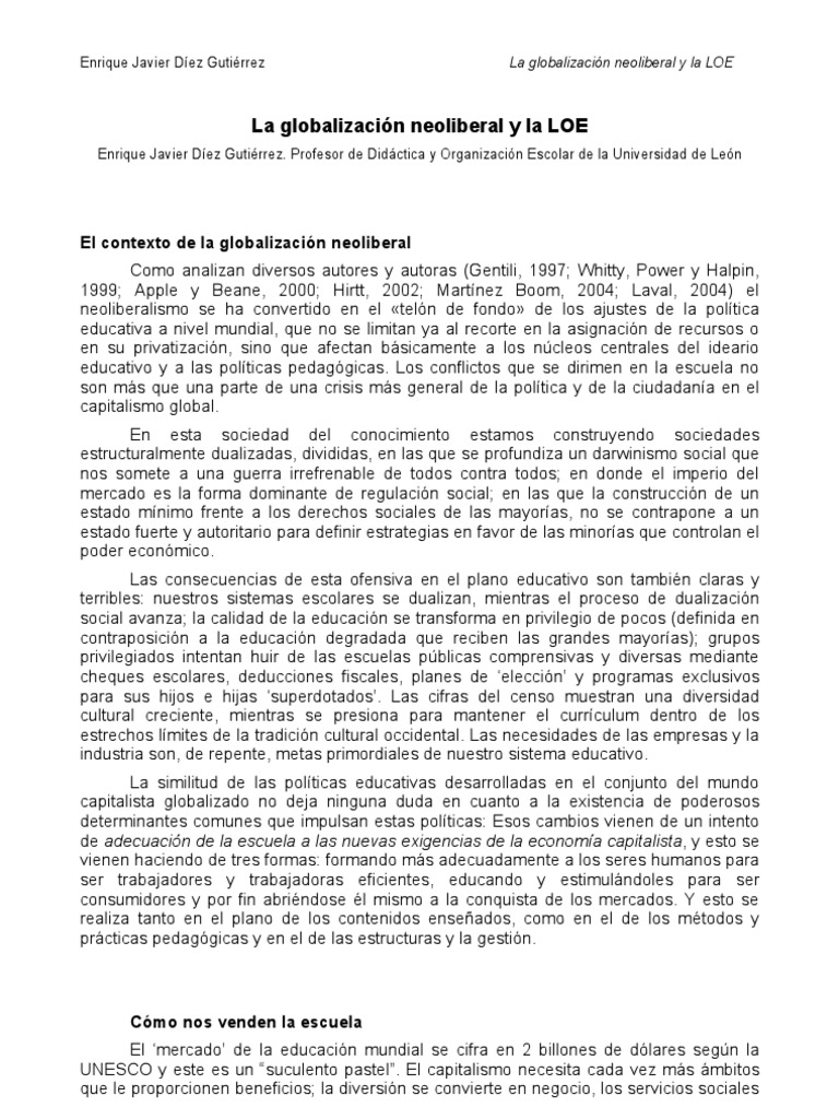 La Globalización Neoliberal y La LOE | PDF | Plan de estudios ...