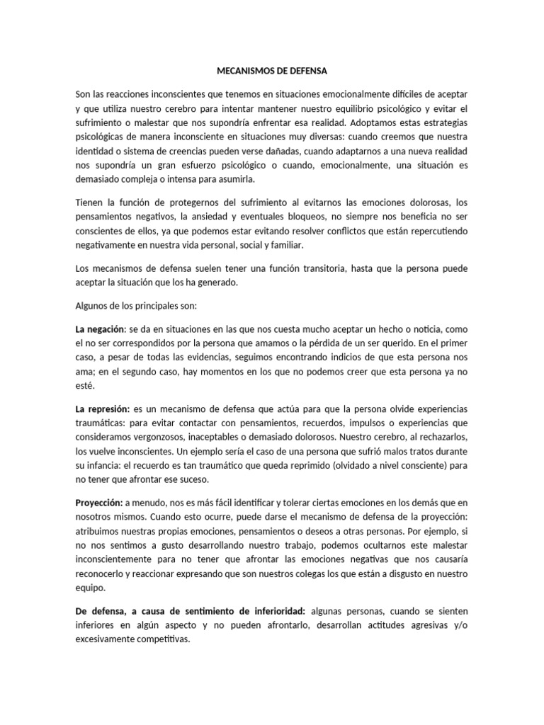 Mecanismos de Defensa Psicológicos | PDF | Sufrimiento | Las emociones
