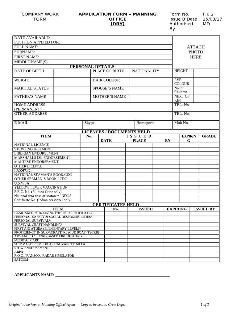 Manning Office Application Form | PDF | Shipping | Water Transport