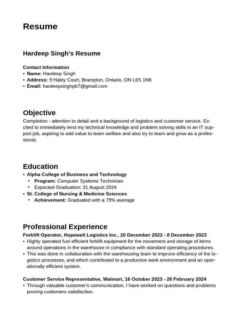 Hardeep Singh Resume+ Cover Letter | PDF | Warehouse | Cognition