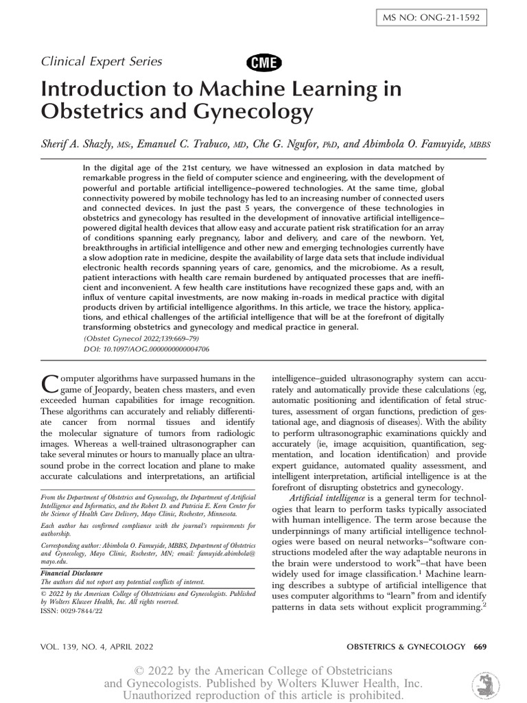 Introduction To Machine Learning in Obstetrics and Gynecology | PDF ...