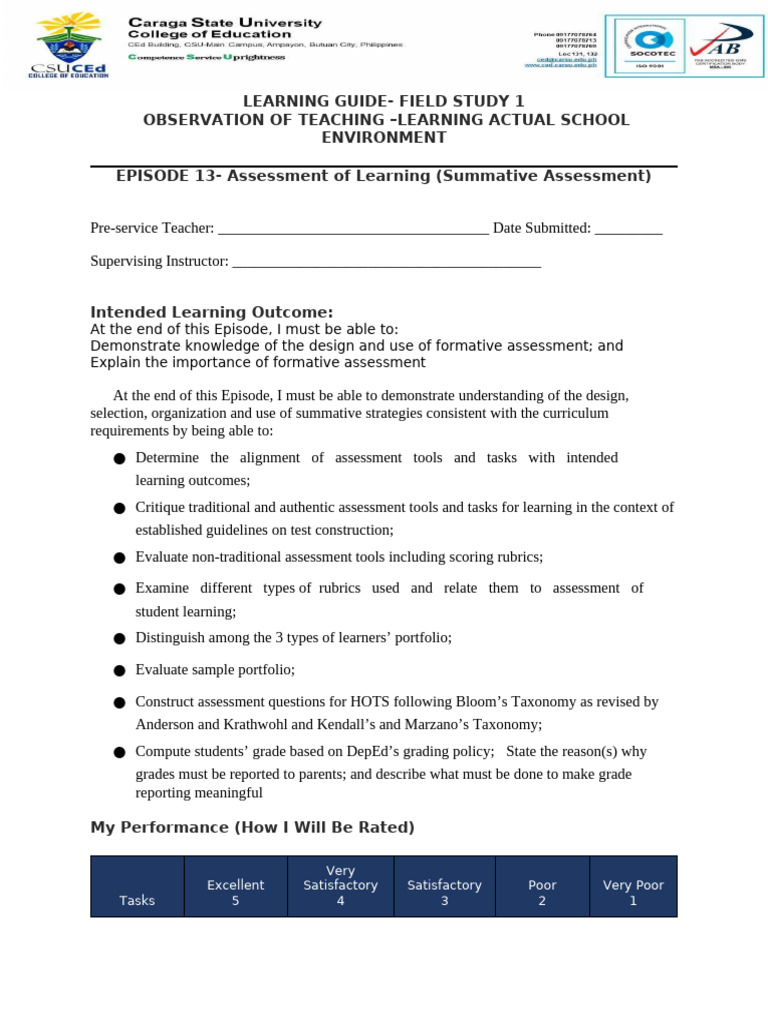 FS1 Episode 13: Summative Assessment Guide | PDF | Educational ...