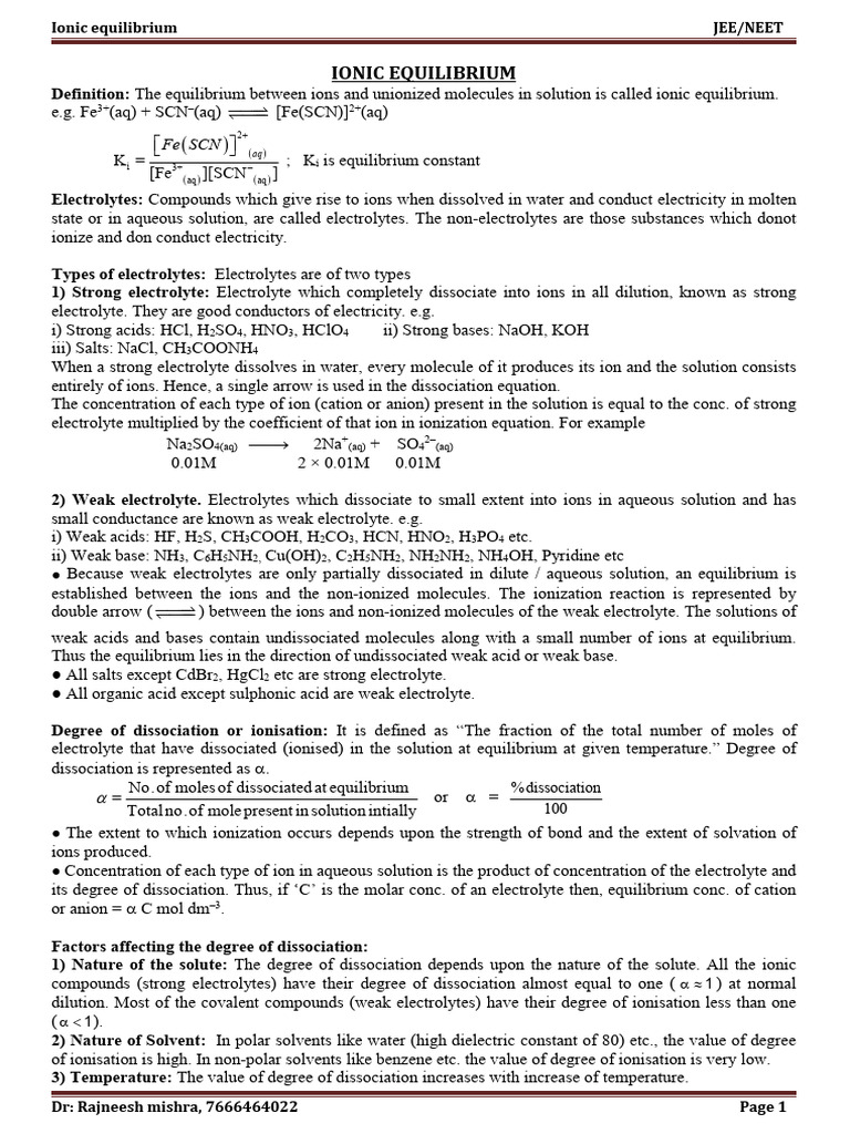 Ionic Equilibrium Th Pdf Ph Dissociation Chemistry