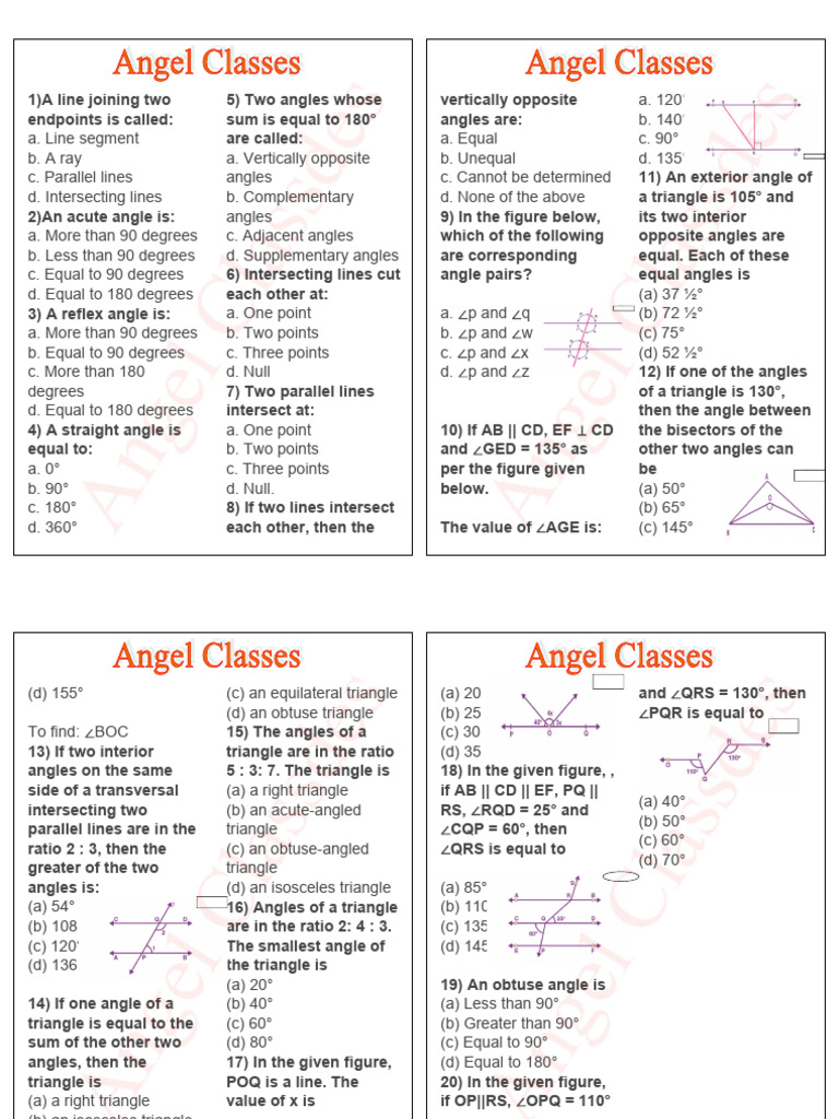 Geometry Angle and Line Concepts Quiz | PDF | Triangle | Elementary ...