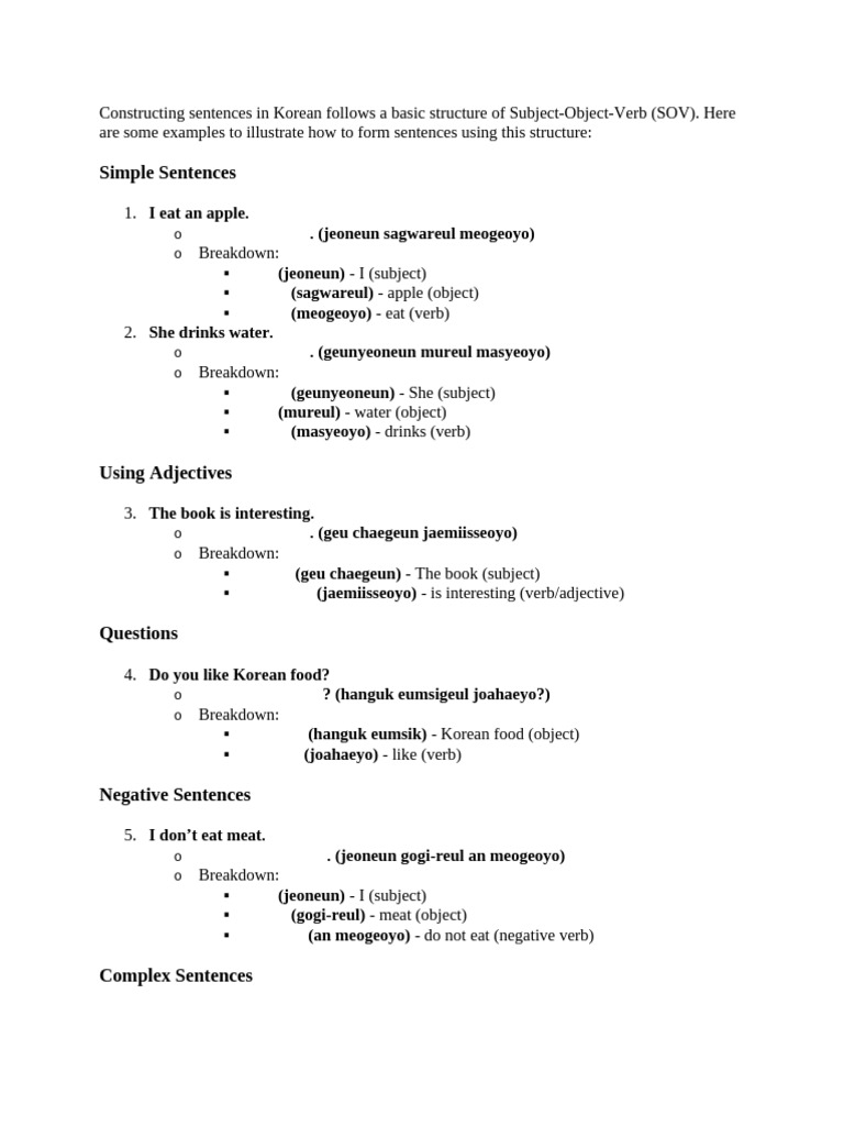 Constructing Sentences in Korean Follows A Basic Structure of Subject | PDF