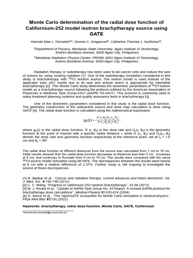 Radial Dose Function of Cf-252 Brachytherapy | PDF | Radiation Therapy ...