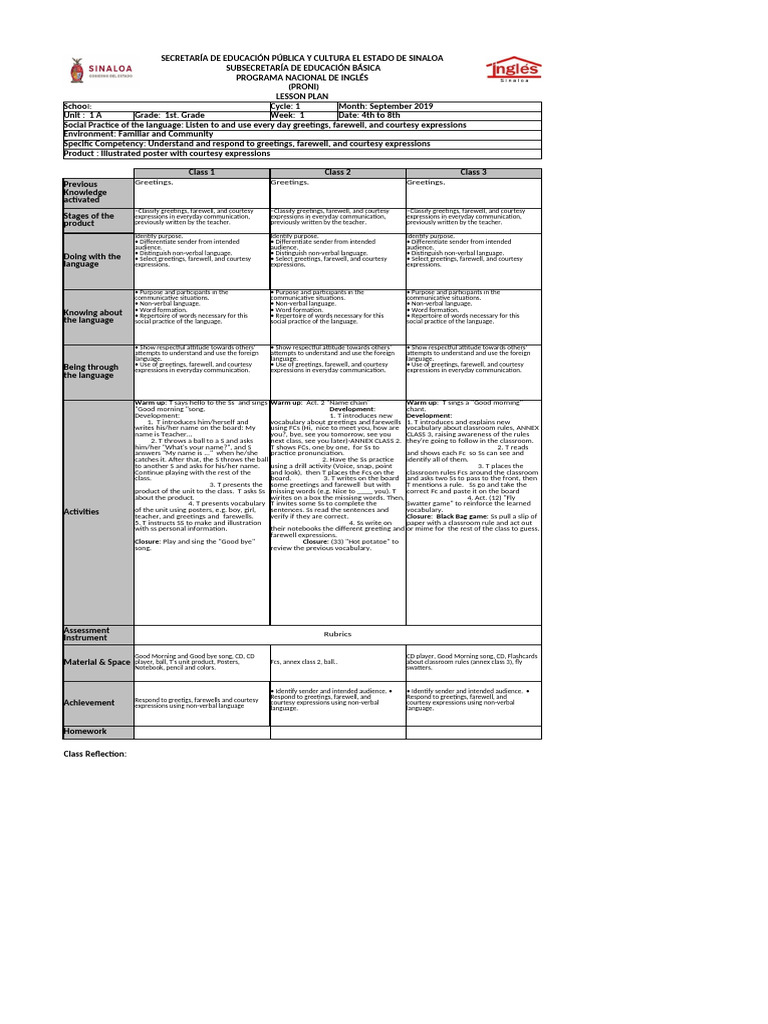 English Lesson Plan for 1st Grade | PDF | Nonverbal Communication ...