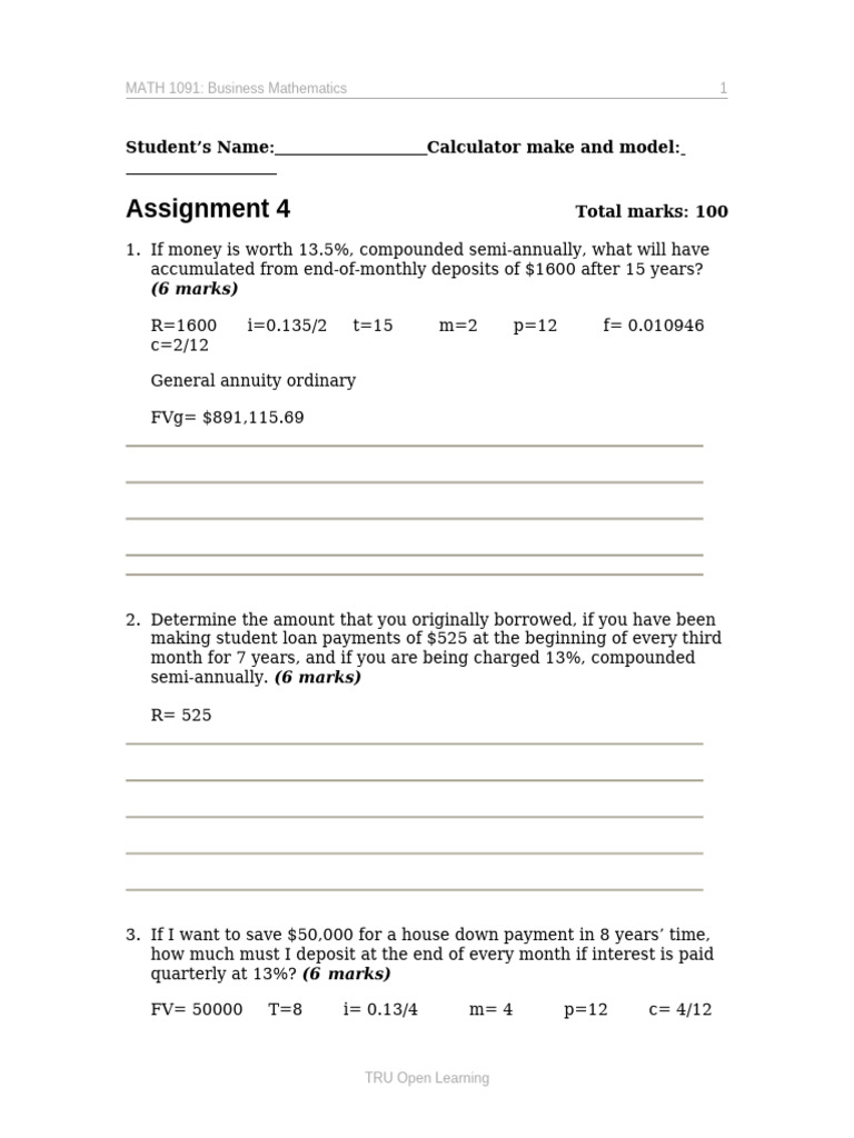 Business Math Assignment Solutions | PDF | Mortgages | Investing