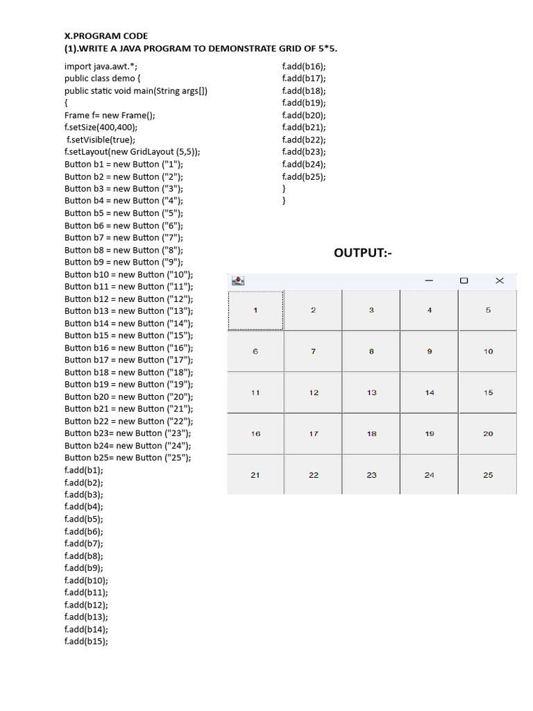 Output:-: X.Program Code (1) .Write A Java Program To Demonstrate Grid ...