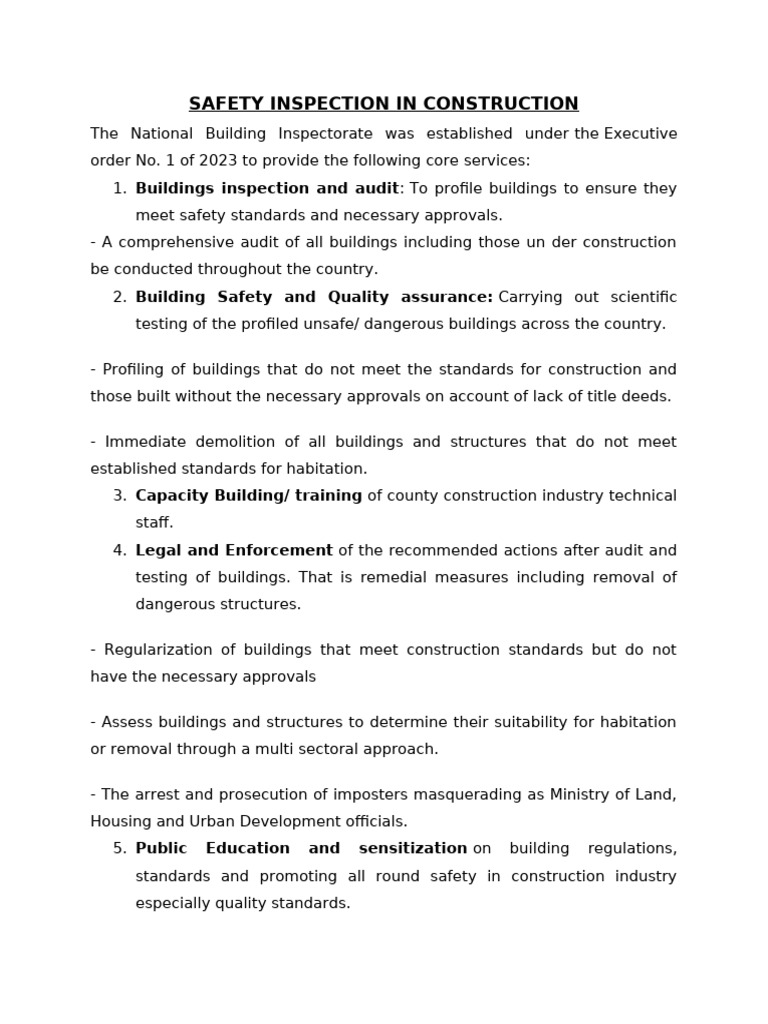 Construction Safety Inspection Overview | PDF | Occupational Safety And ...