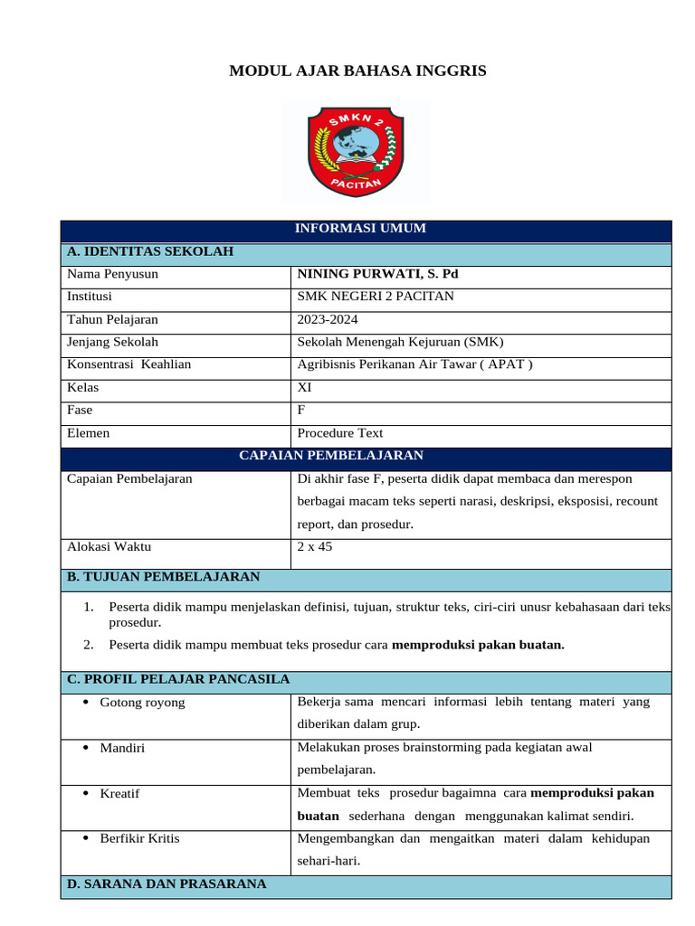 Modul Ajar Xi - Procedure Text CLBR | PDF