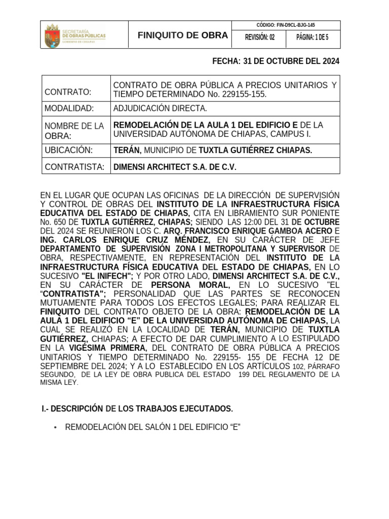 Finiquito de Obra: Remodelación Aula UNACH | PDF | Derecho civil ...