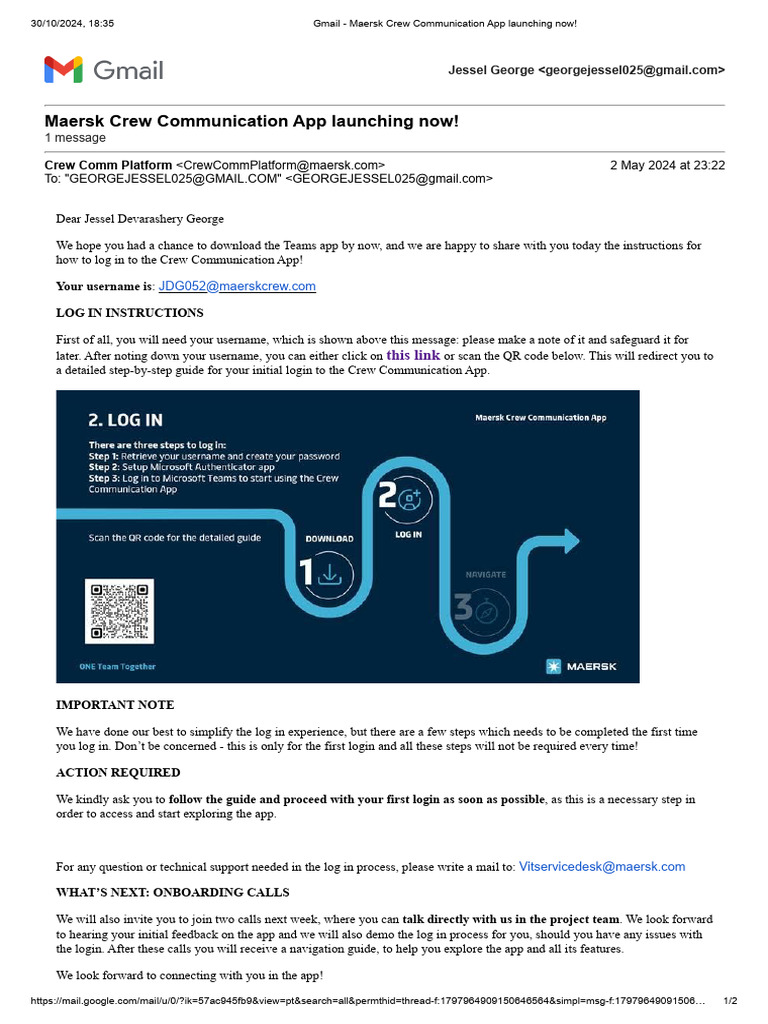 Gmail - Maersk Crew Communication App Launching Now! | PDF | Login | Gmail