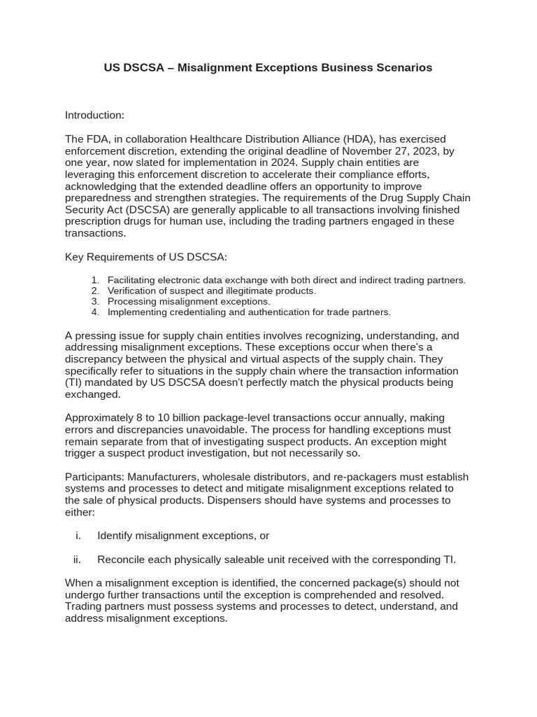 US DSCSA Misalignment Exceptions Guide | PDF | Finance & Money ...