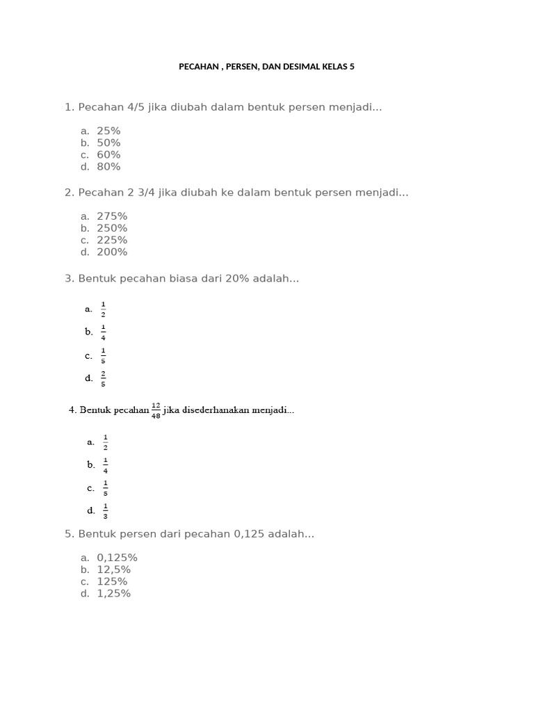 Soal Pecahan, Persen, dan Desimal Kelas 5 | PDF