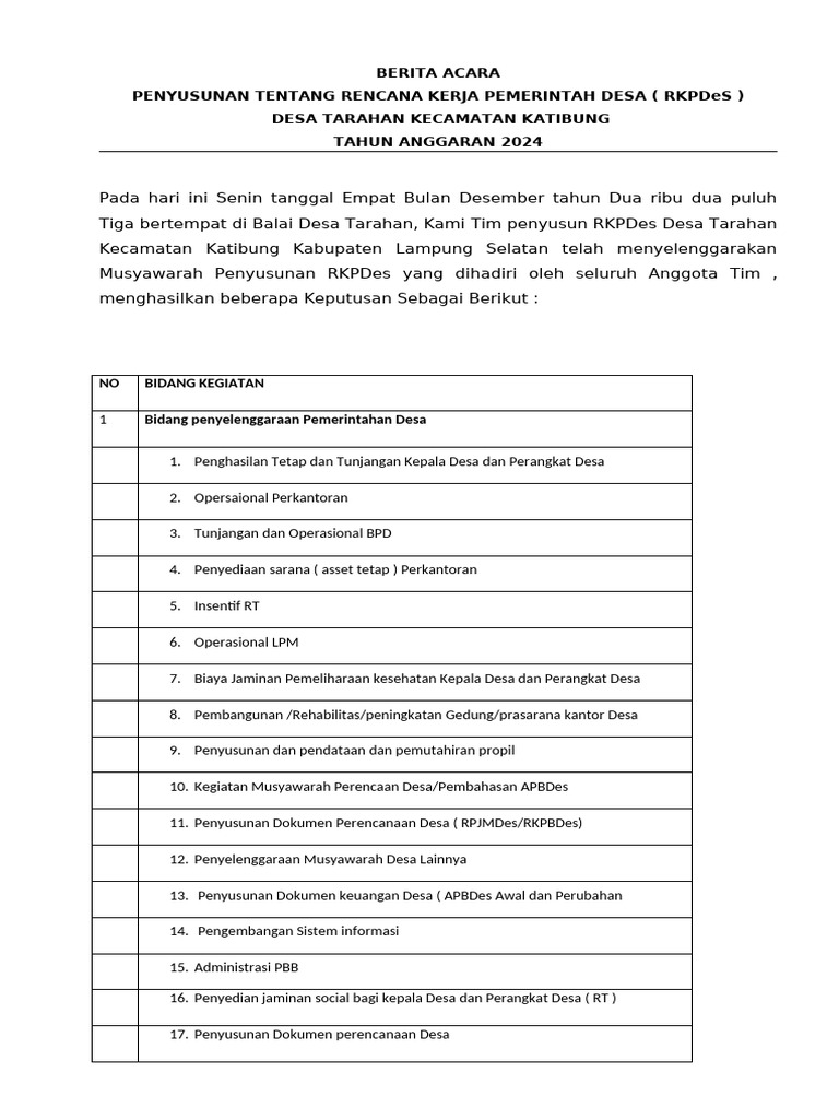 RKPDes 2024 Desa Tarahan Katibung | PDF