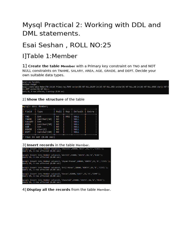 Mysql Practical Questions And Answers