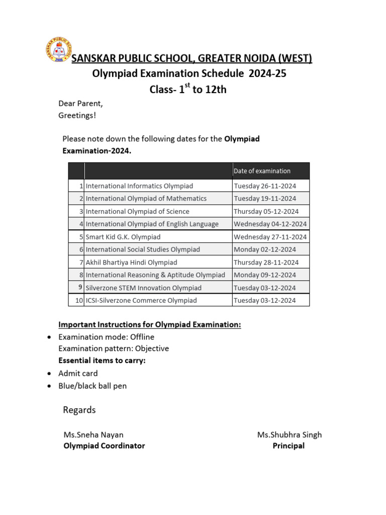 Olympiad Exam Schedule 2024-25 | PDF