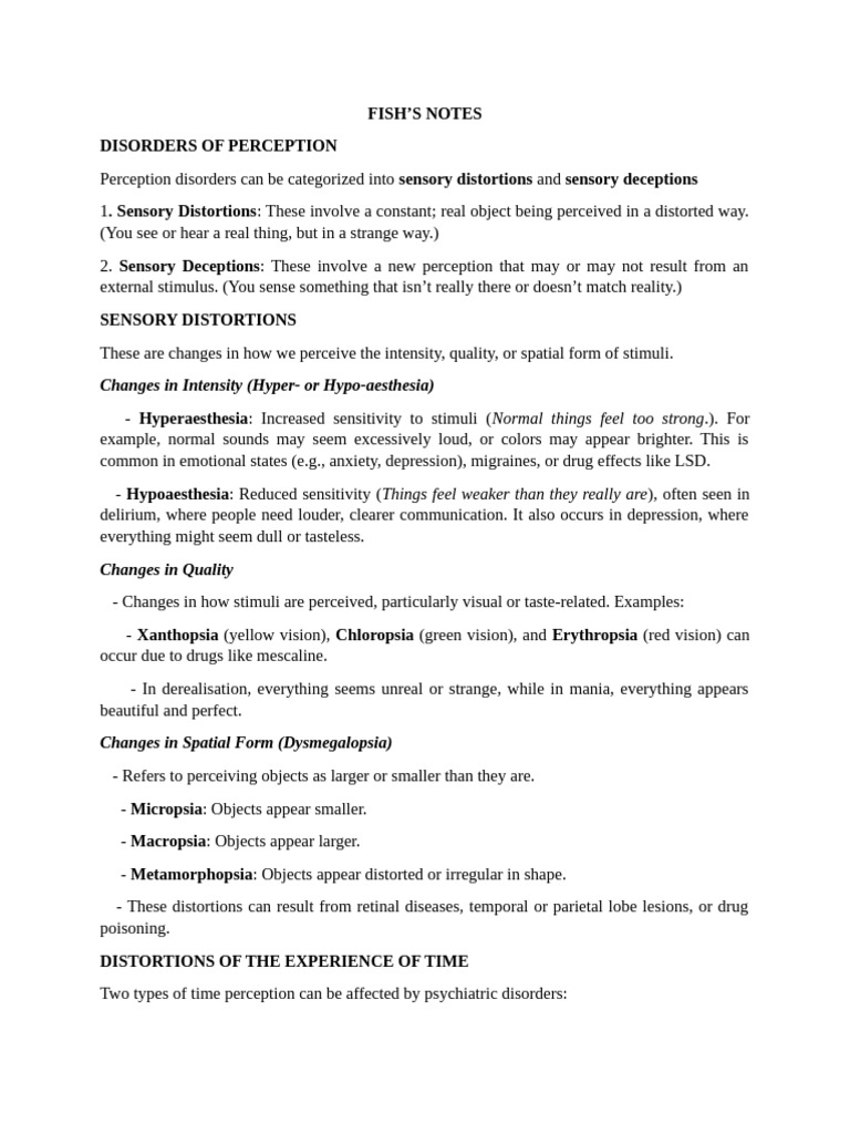 FISH S NOTES Disorder of Perception | PDF | Hallucination | Perception