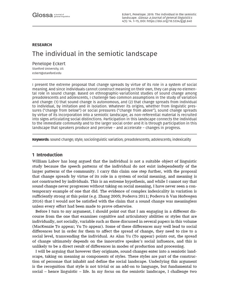 Eckert, P. (2019) - The Individual in The Semiotic Landscape. Glossa, 4 ...