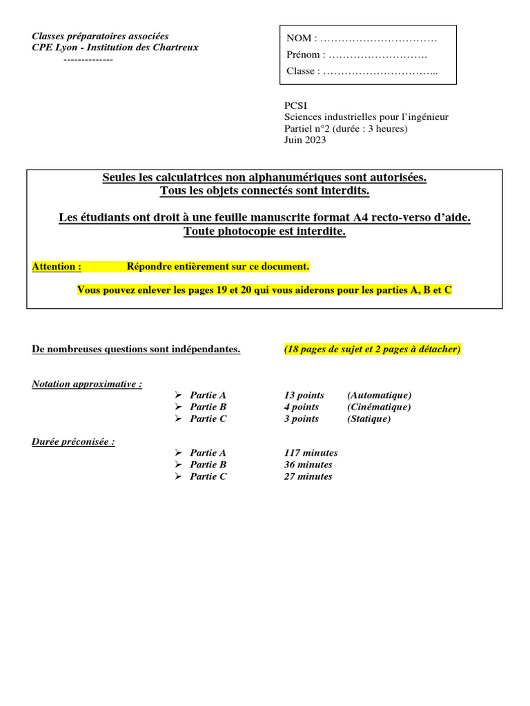 Partiel PCSI 2023 : Automatique et Cinématique | PDF | Ingénierie ...