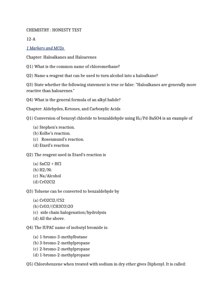 Chemistry Honesty Test | PDF | Acetic Acid | Aldehyde
