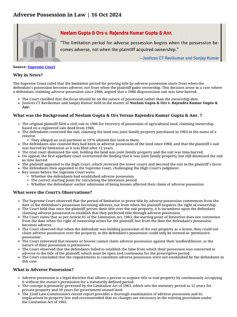 Current Affairs - Adverse Possession in Law - Print 2 | PDF | Lawsuit ...
