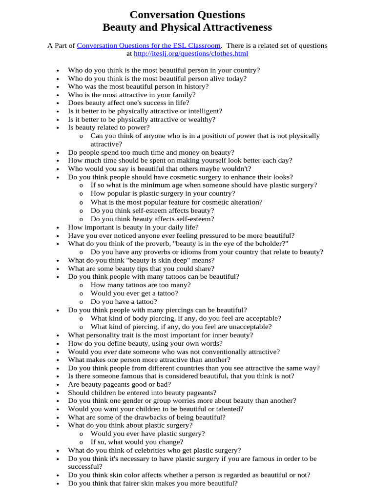 ESL Conversation Questions on Beauty | PDF | Beauty | Social Psychology