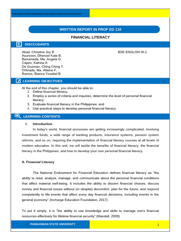 PROF ED 110 Group 2 WR Financial Literacy | PDF | Financial Literacy ...