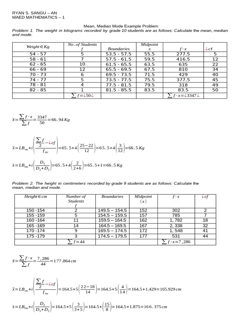 Mean Median Mode - Grouped Data Practice Exercises | PDF