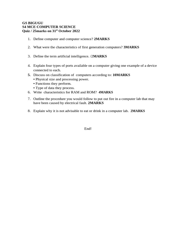 Computer Science Quiz Questions and Answers | PDF
