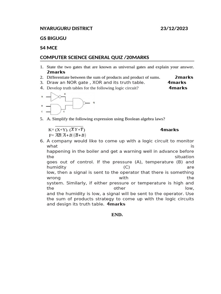 Computer Science Quiz: Logic Gates | PDF