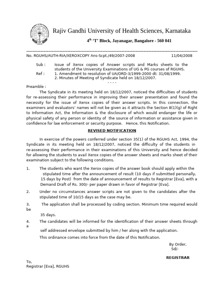 RGUHS Answer Sheet Xerox Policy | PDF | Legal Documents | Government