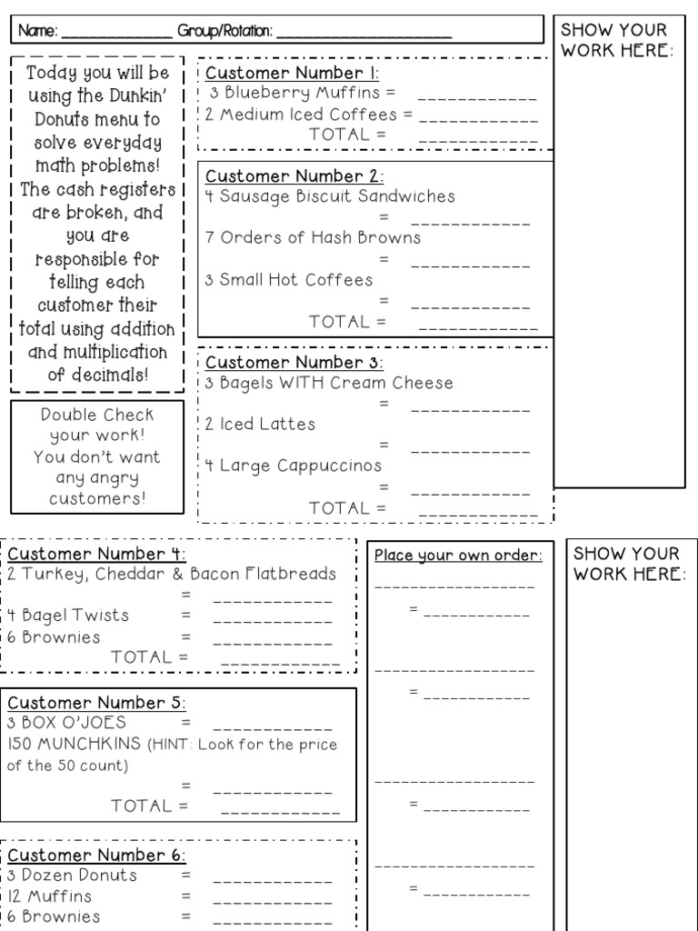 Math with Dunkin' Donuts Menu | PDF