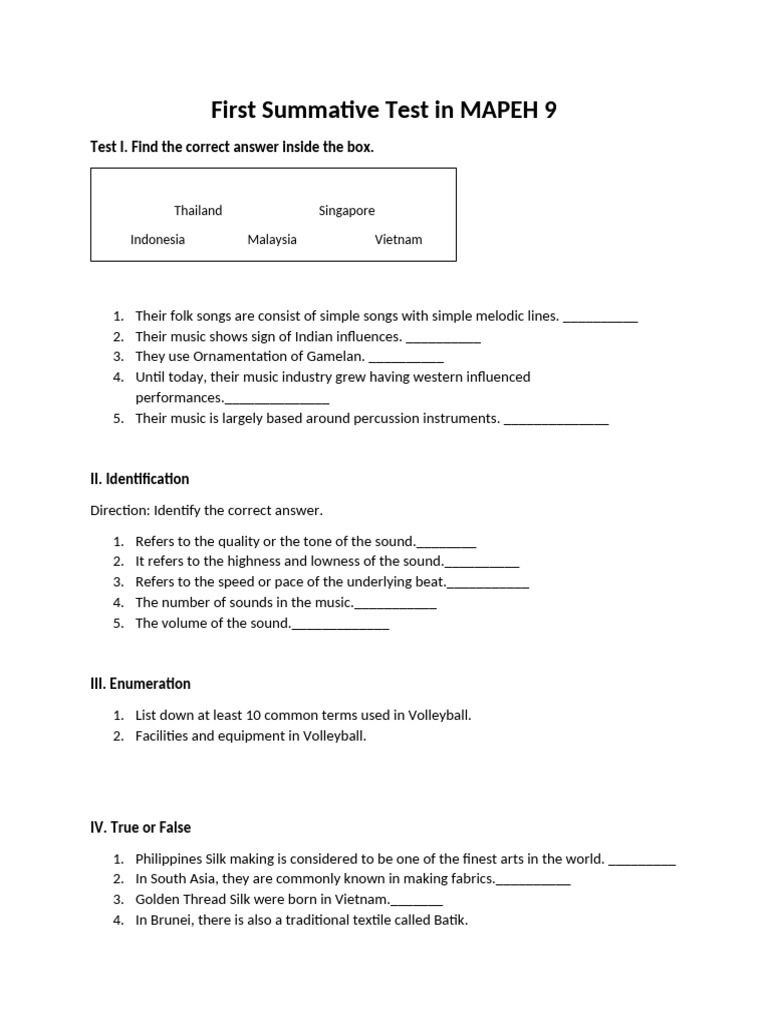 First Summative Test in Mapeh 8 | PDF