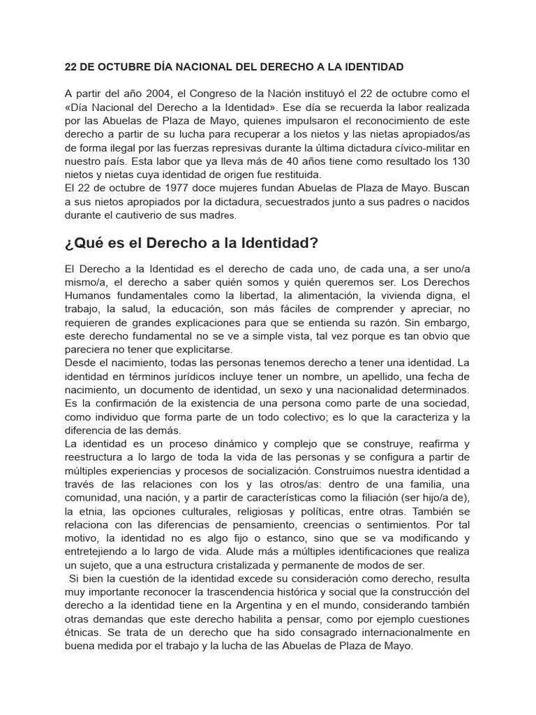 22 de Octubre Día Nacional Del Derecho A La Identidad | PDF | Justicia ...