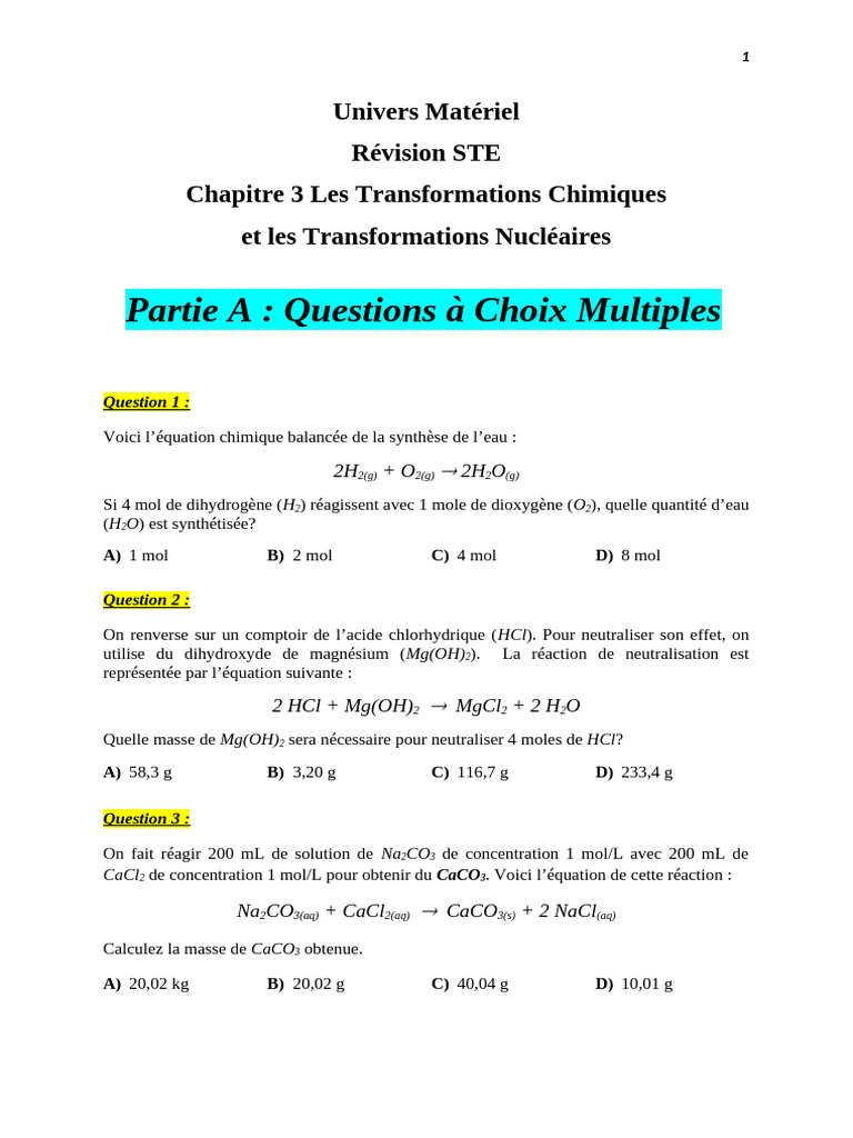 Révision Chapitre 3 Les Transformations Chimiques Et Nucléaires STE ...
