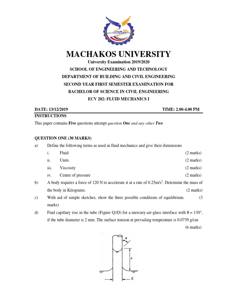 Civil Engineering Fluid Mechanics Exam | PDF | Pressure | Density