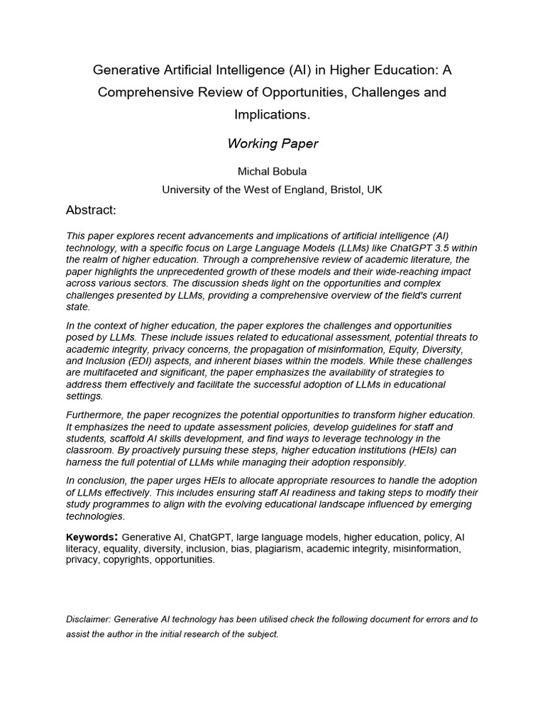 Generative Artificial Intelligence (AI) in Higher Education: A ...