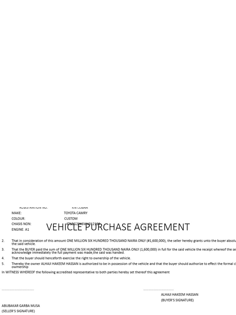 Vehicle Purchase Agreement: Toyota Camry | PDF